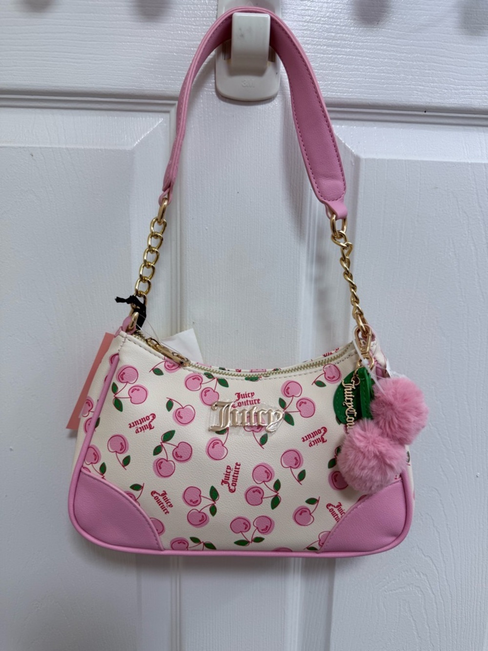 NWT Juicy Couture Cherry 🍒 Girl Shoulder Bag with Pom Pom Charm in White/Pink